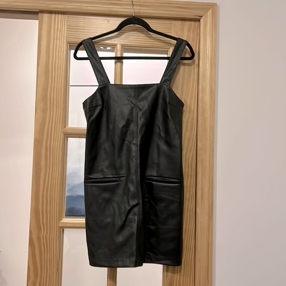 black dress with leather sleeves BLACK FAUX LEATHER ONE SLEEVE FIT MIDI DRESS main image 1